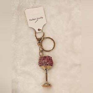 Wine Glass Pink and Gold Rhinestone Keychain Bag Charm